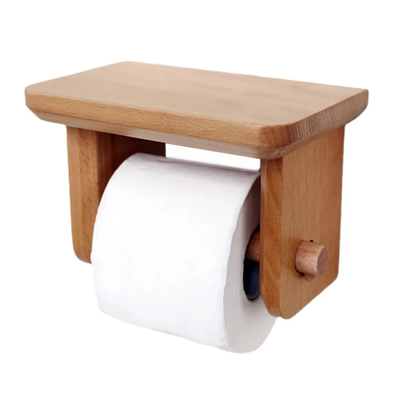Simplicity Solid Wood Tissue Holder Toilet Room Roll Paper Beech Storage Rack Household