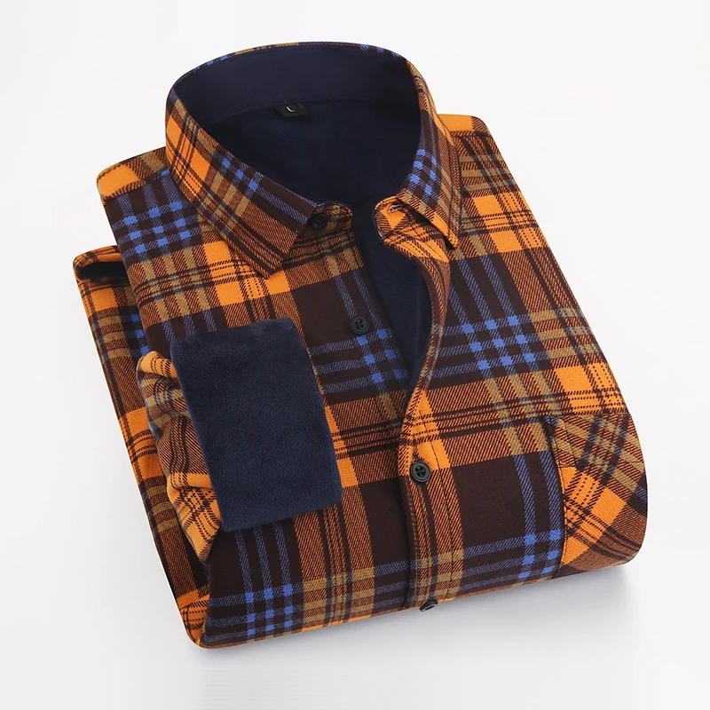 Men Basic Turn Down Collar Plaid Shirt High Quality Loose Fit Thicken Plus Fleece Shirts Classic Single Breasted Shirts for Man