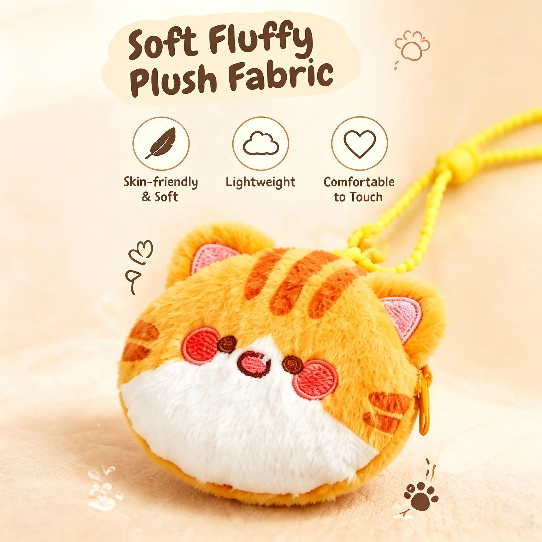 Cute Cat Plush Mini Coin Purse Earbud Storage Bag with Lanyard Cartoon Small Zipper Pouch Bag Charm Keychain for Girls Gift