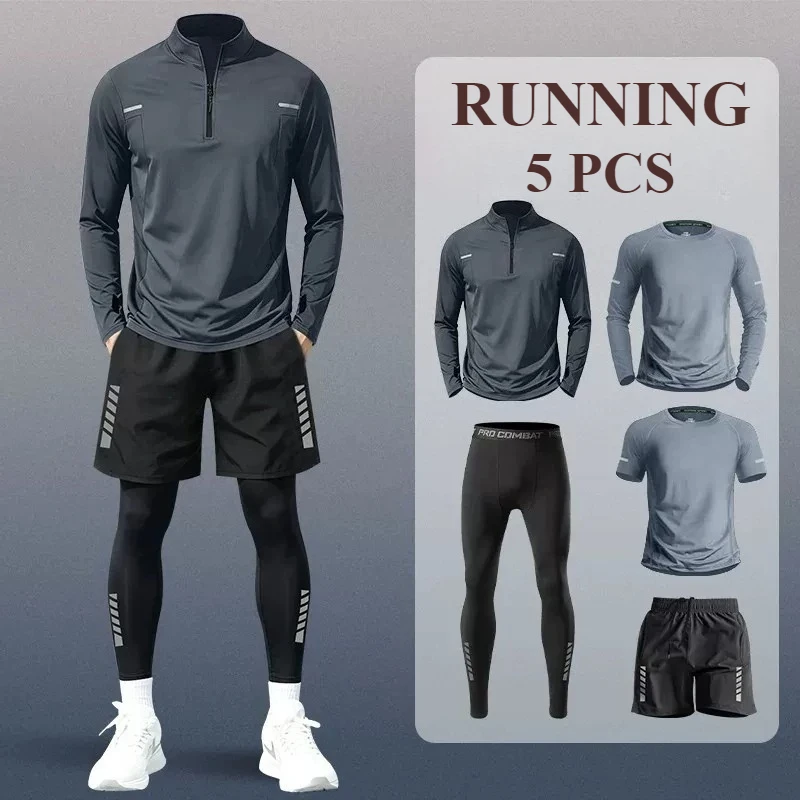 Workout Men 5 Pcs Running Tracksuit Half‑Zip Long Sleeve Top Shorts Compression Leggings Athletic Sport Suit Gym Training Outfit