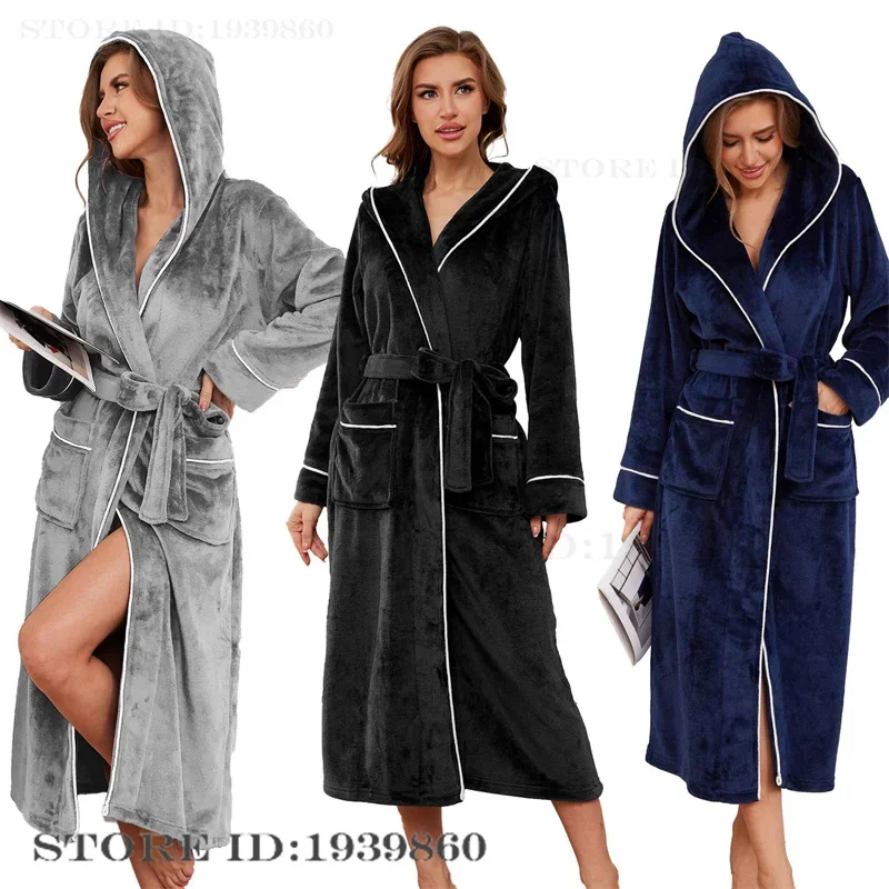 Flannel Hooded Long Robe Thicken Female Hooded Kimono Bathrobe Gown Autumn Winter Warm Sleepwear Nightgown Coral Fleece Homewear