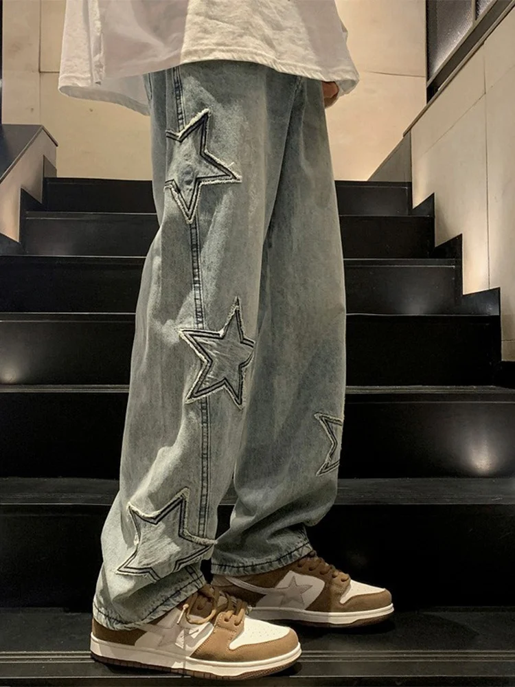 

Свободные мужские джинсы с прямыми штанинами Star Patch High Street Sle, осенние модные брендовые длинные брюки с застежкой-молнией средней талии