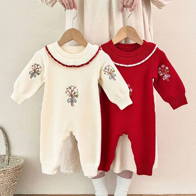 

Новинка 2023 года, осенний вязаный комбинезон для маленьких девочек 0-24 месяцев, вязаный комбинезон с длинными рукавами и цветочной вышивкой, детская вязаная одежда