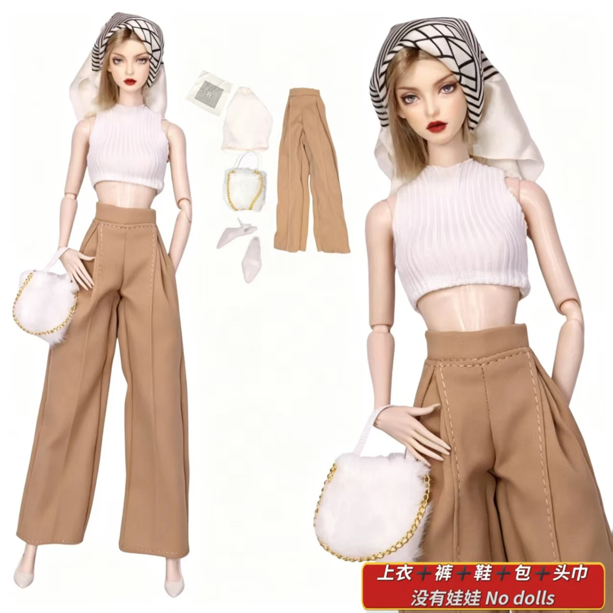 1/6 Doll Clothes Parts Modern Simple Knitted Vest+Trousers+Handbag+Headscarf+High Heel For FR 30cm Babi Supermodel Doll Dress Up