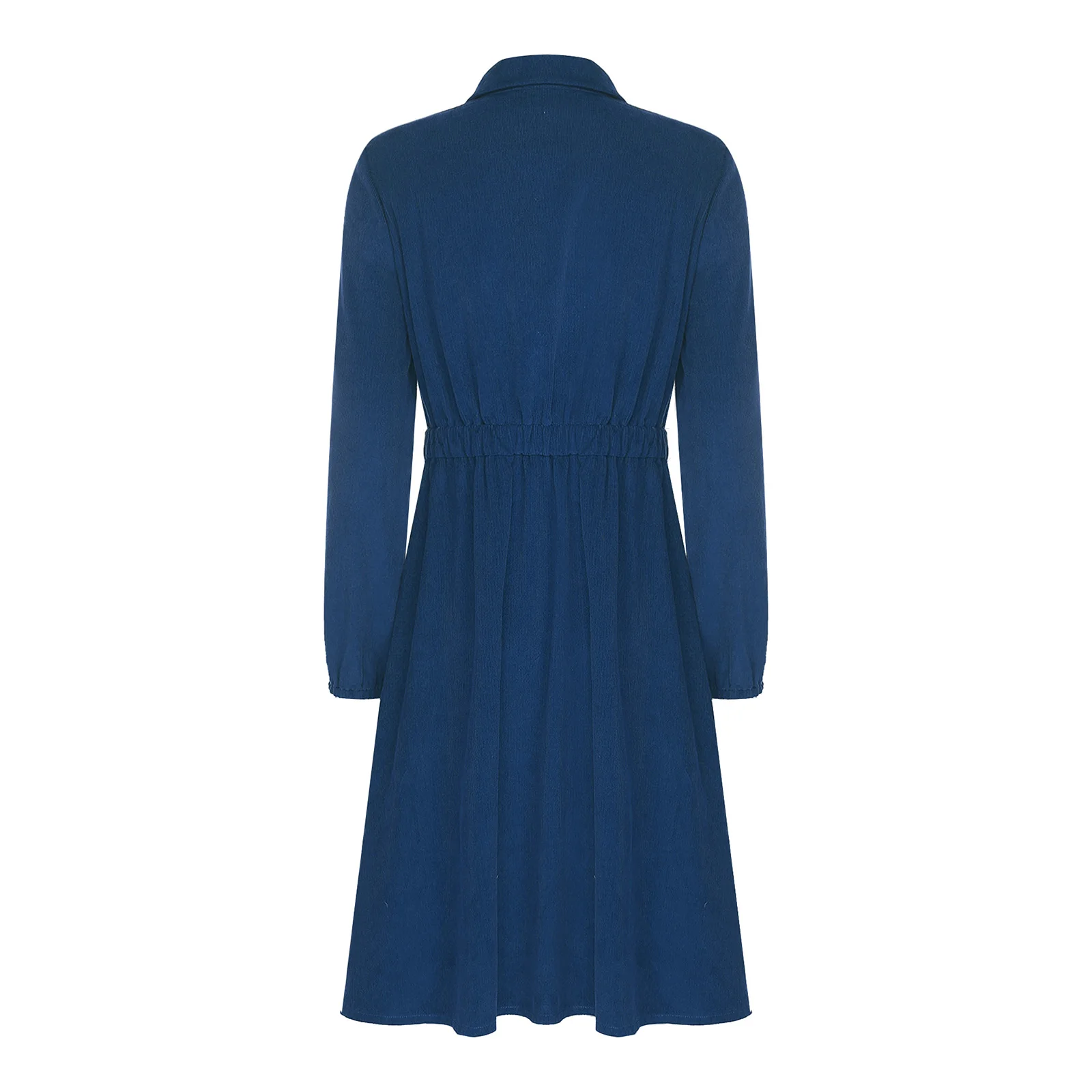 فستان نسائي قصير بقميص طية صدر السترة وأكمام طويلة وزر أمامي وخصر مطاطي بطول الركبة فستان للمكتب والعودة اليومي غير الرسمي