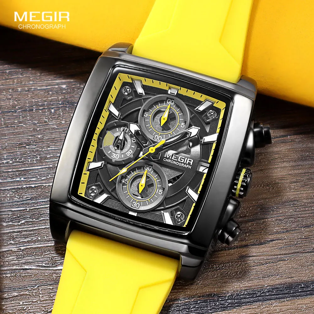 MEGIR Military Sport Yellow Watch for Men Fashion Rectangle Chronograph Quartz Wristwatch with Luminous Hands Date Silicone Band