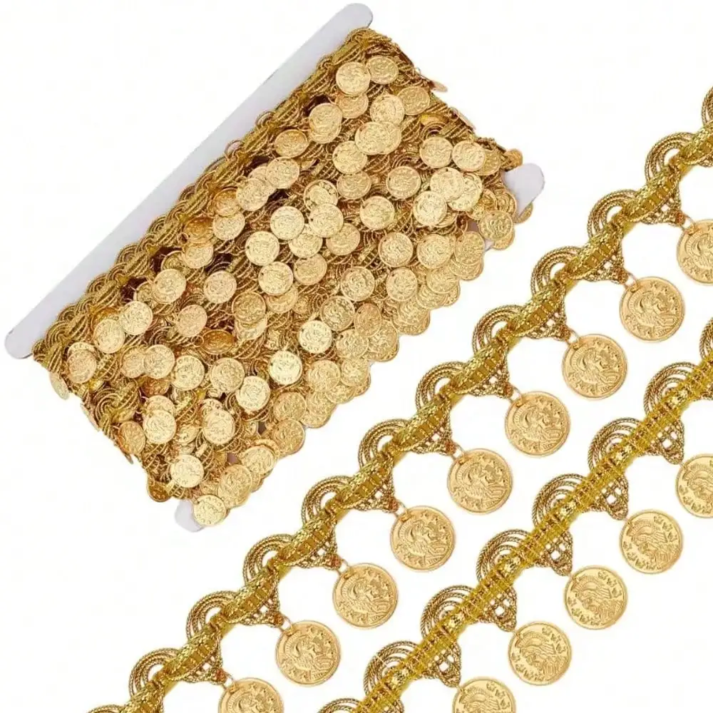 Goldmünzenförmige Paillettenbesatz-Borte mit Quasten, 3,5 cm breit, Pailletten-Quastenband, Fransen für Tanzkleider, Gürtelkette