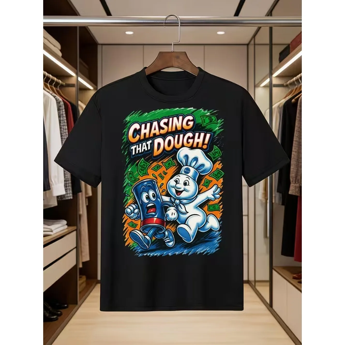 Mens Black Round Neck Casual T Shirt Featuring A Vibrant That Dough Print With Fun Characters And Symbols Made Of Soft Ideal For Everyday Wear And Leisure Activities 220 Gsuitable For Daily Wear