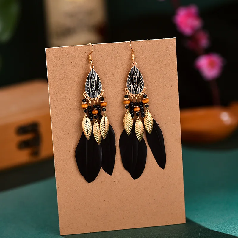 1Pair Bohemian  Tassel Dangling Earrings Colorful Feather Leather Stud Earrings Indian Feathers Summer Womens Fashion Jewelry