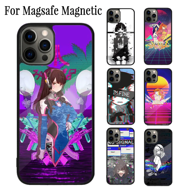 Vaporwave Glitch Anime Girl Magnetic Phone Case For iPhone 16 15 14 Plus 13 12 Mini 11 Pro Max Magsafe Wireless Charging Cover