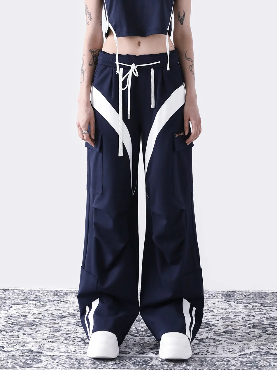 

ANYQUESTION Deep Blue And White Contrast Color Sports School orm Long Pants with Double Belts Ladies Casual Pants