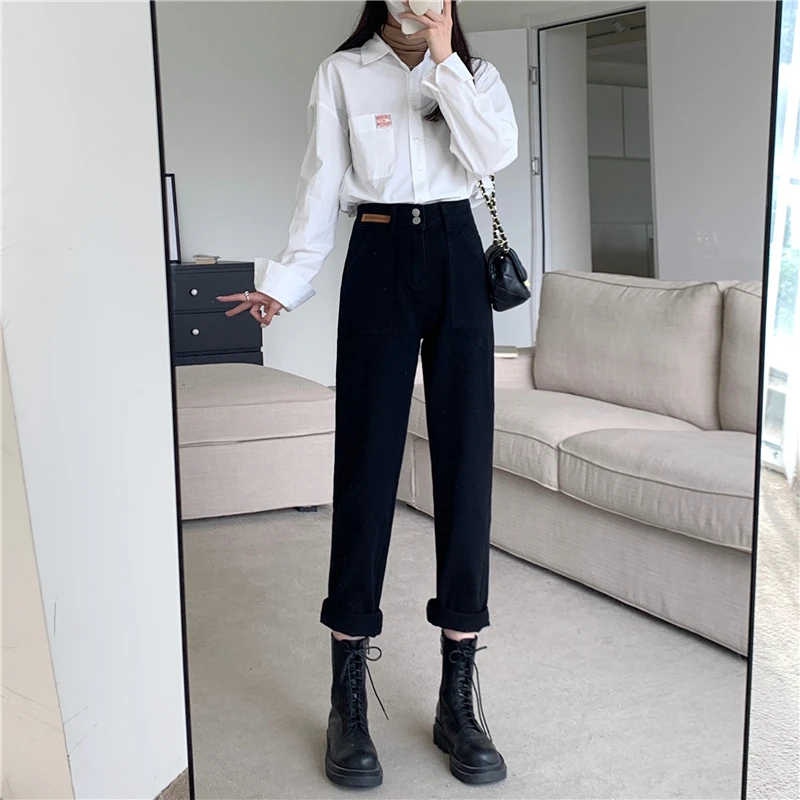 

Bla Wide Leg Harem Jeans Women's Loose Fit High Waist Roll up Cuffed Trousers plus Size Slimming Dad Capri Pants