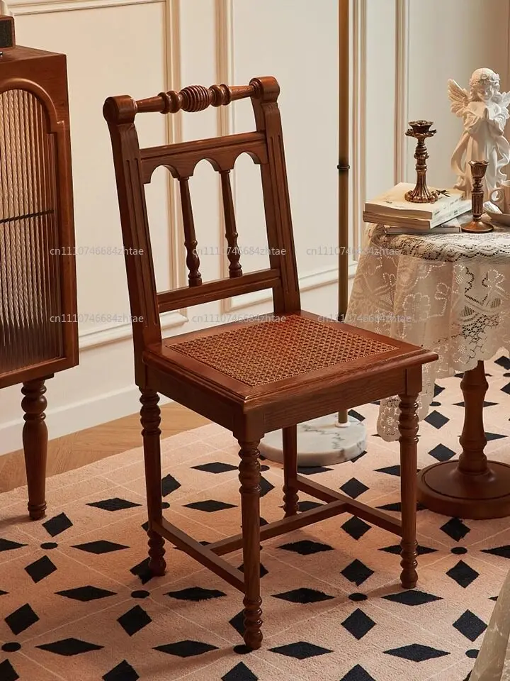 Suitable for New French Vintage Rattan Solid Wood Dining Chair Restaurant Hotel Roman Chair Home