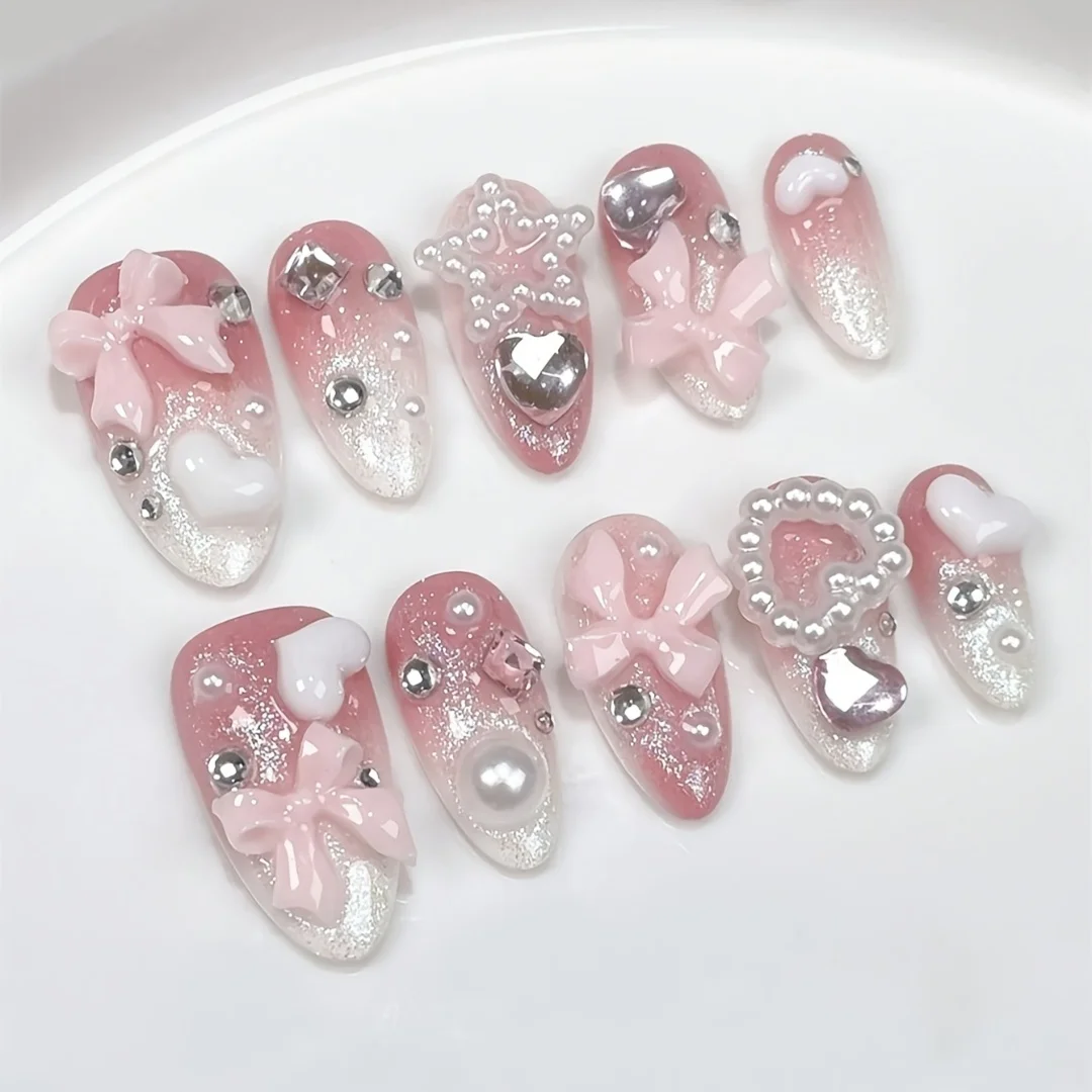 

10pcs high-end Sweetheart girl cute style handmade fake nails, Cute girly pink nail patch for women