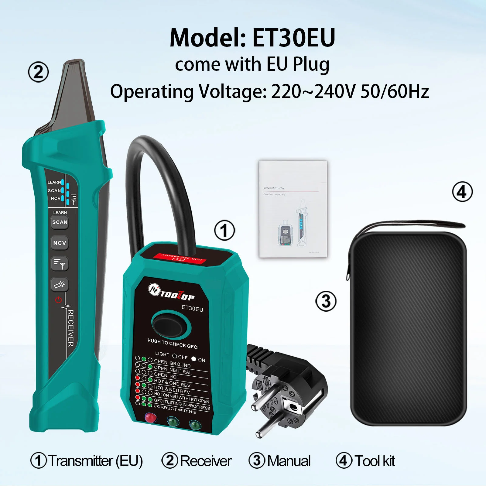 TOOLTOP ET30 GFCI Leitungssuchgerät Steckdosentester EU/US/UK Einstellbare Empfindlichkeit Diagnose von Elektroinstallationen in Wohngebäuden – Detail 14