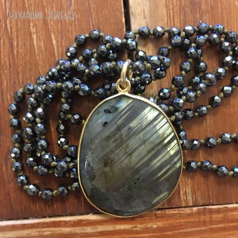 5pcs Boho Oval Labradorite Pendant Necklace Black Hematite Long Precious Stone Healing Crystal Tribal Jewelry Collares Grunge