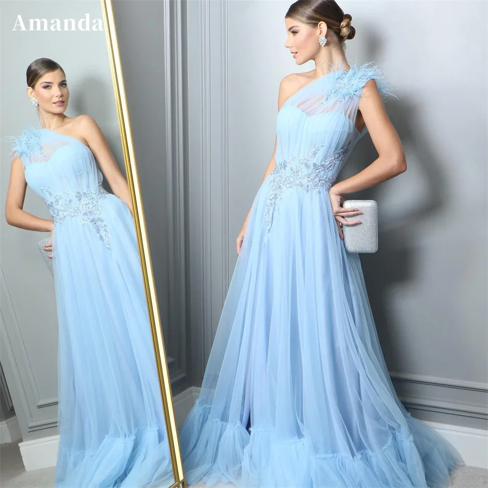 

Amanda Light Blue Feather Prom Dresses One Shoulder Evening Dress Party Lace Embroidery Graceful Sleeveless vestidos de fiesta