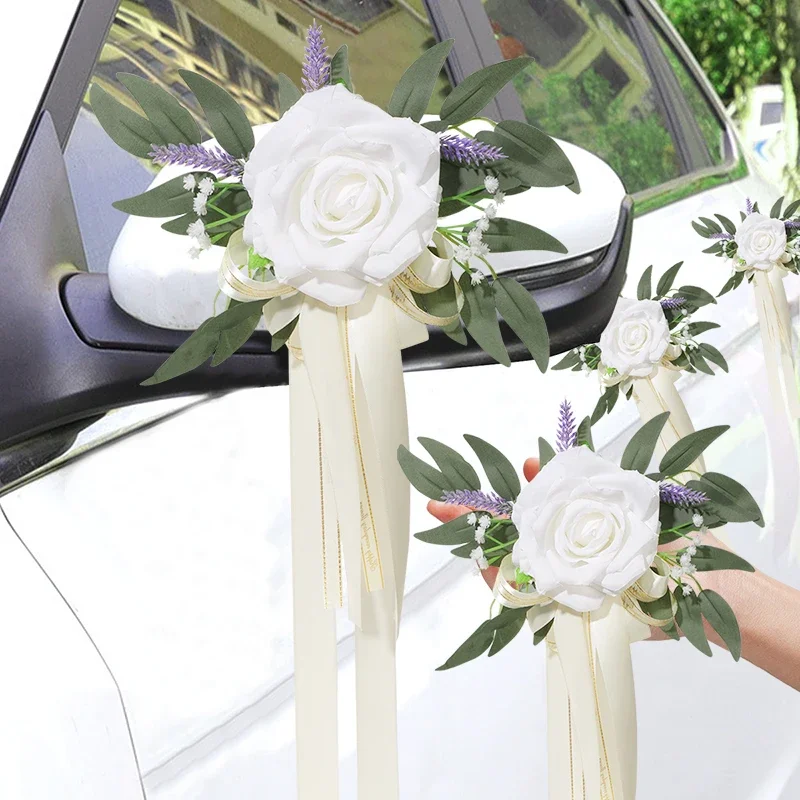 1PC Wedding Car Rearview Mirror Car Flower Artificial Rose Lavender Backrest Flower Wedding Banquet Aisle Bamboo Chair Flower