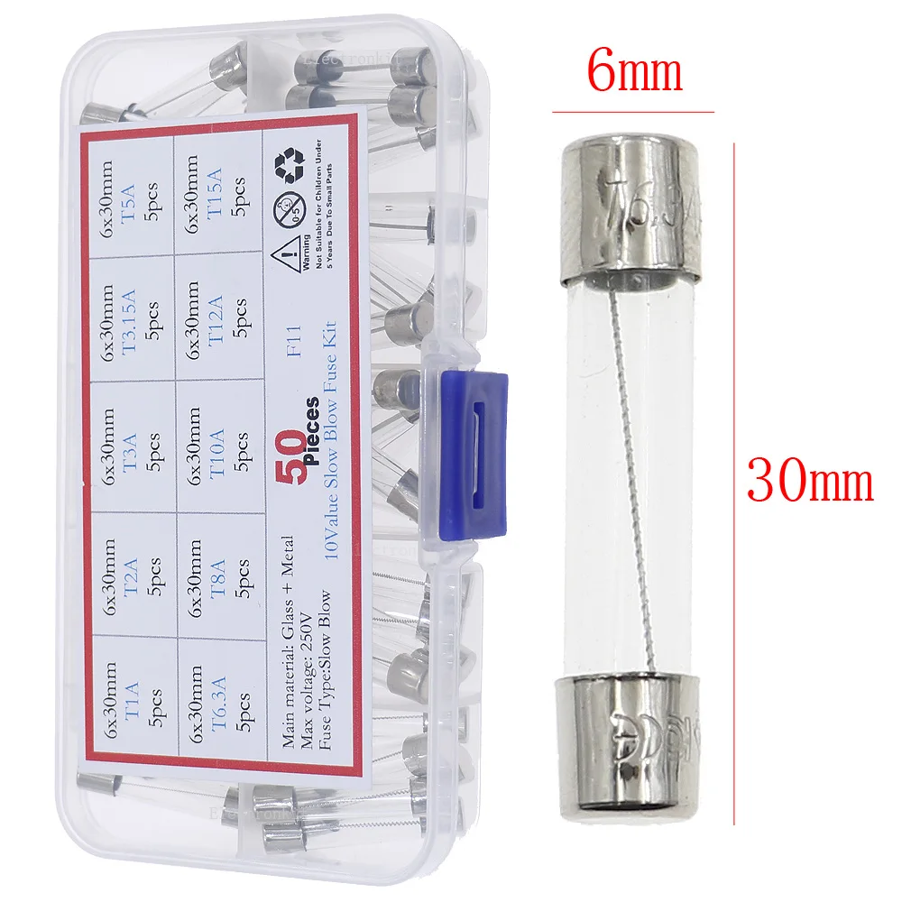 50Pcs 6x30mm slow Blow Glass Tube Fuse Assorted Box Kits T1A 2A 3A 3.15A 5A 6.3A 8A 10A 12A 15A