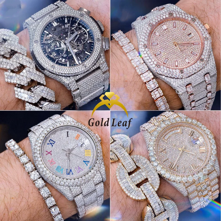 Goldleaf مجوهرات الهيب هوب ساعة مخصصة الرجال المعصم الفاخرة مثلج خارج VVS مويسانيتي الماس ساعات آلية النساء مويسانيتي ساعة