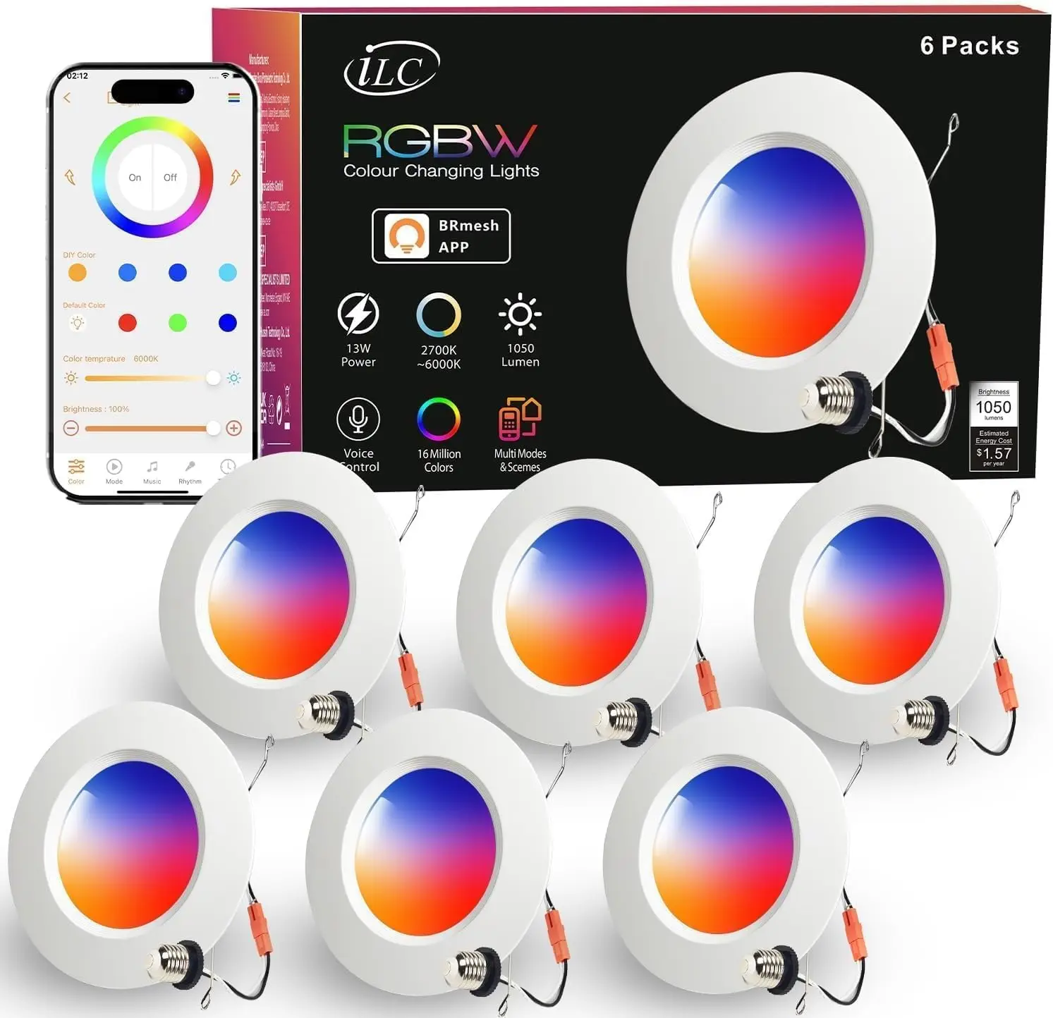 

5/6 Inch Retrofit LED Recessed Lights, Color Changing & Bluetooth APP Control, 13W, 2700K-6000K Tunable, ETL Certified (6 Pack)