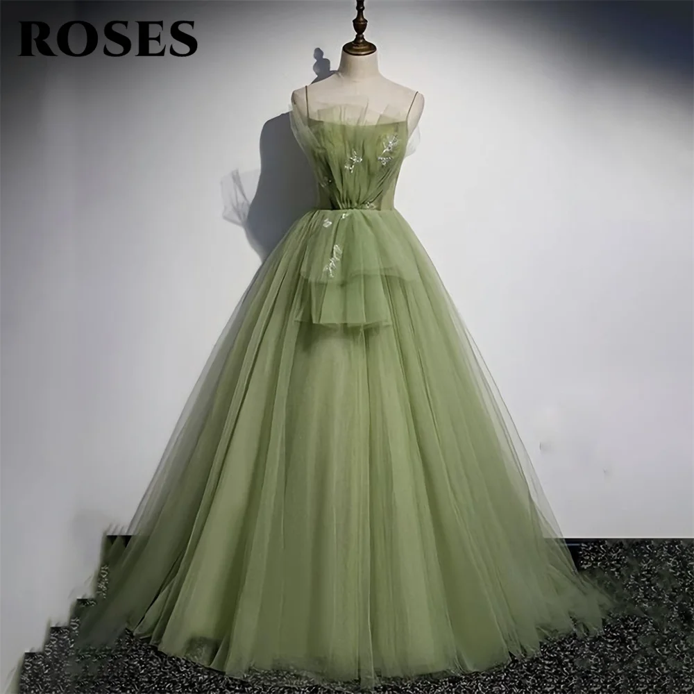 

ROSES Green Tulle A Line Evening Dresses Spaghetti Strap Charming Prom Dresses Appliques Pleat Party Dresses vestidos de noche