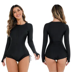 Women One Piece Swimsuit Solid Color High Waist Long Sleeve Elastic Hot Spring Dress Plus Size Lady Swimwear