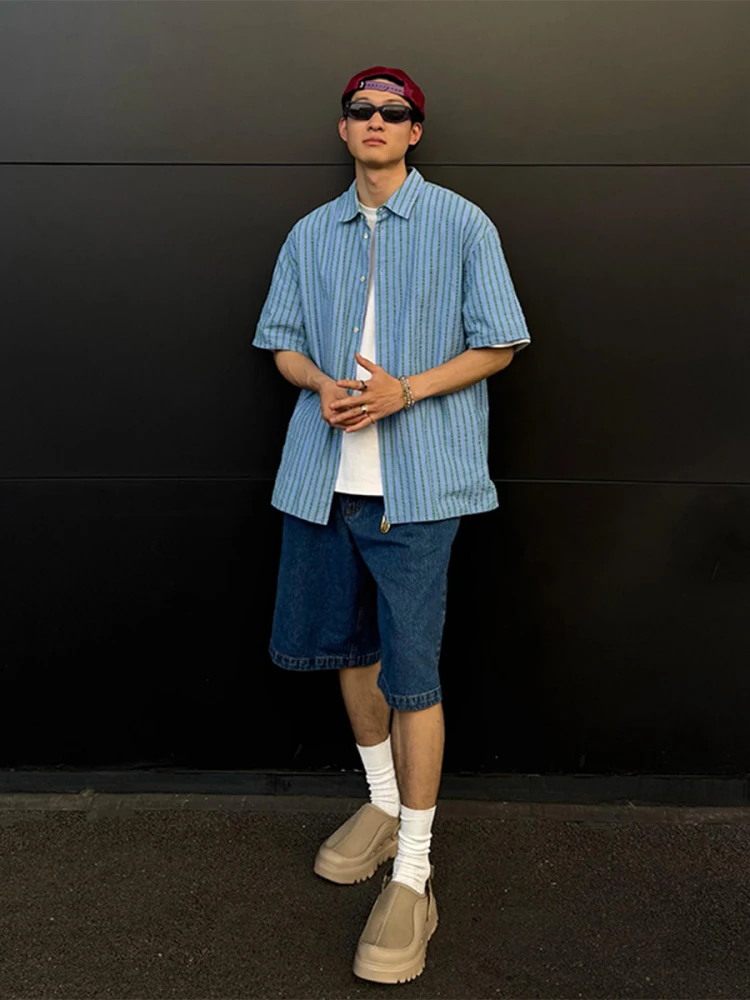 Deep Blue Men's Loose Fit Straight Leg Jeans ort Pants American High Street Sle Summer Faion Youth Trend Five-Quarter L...