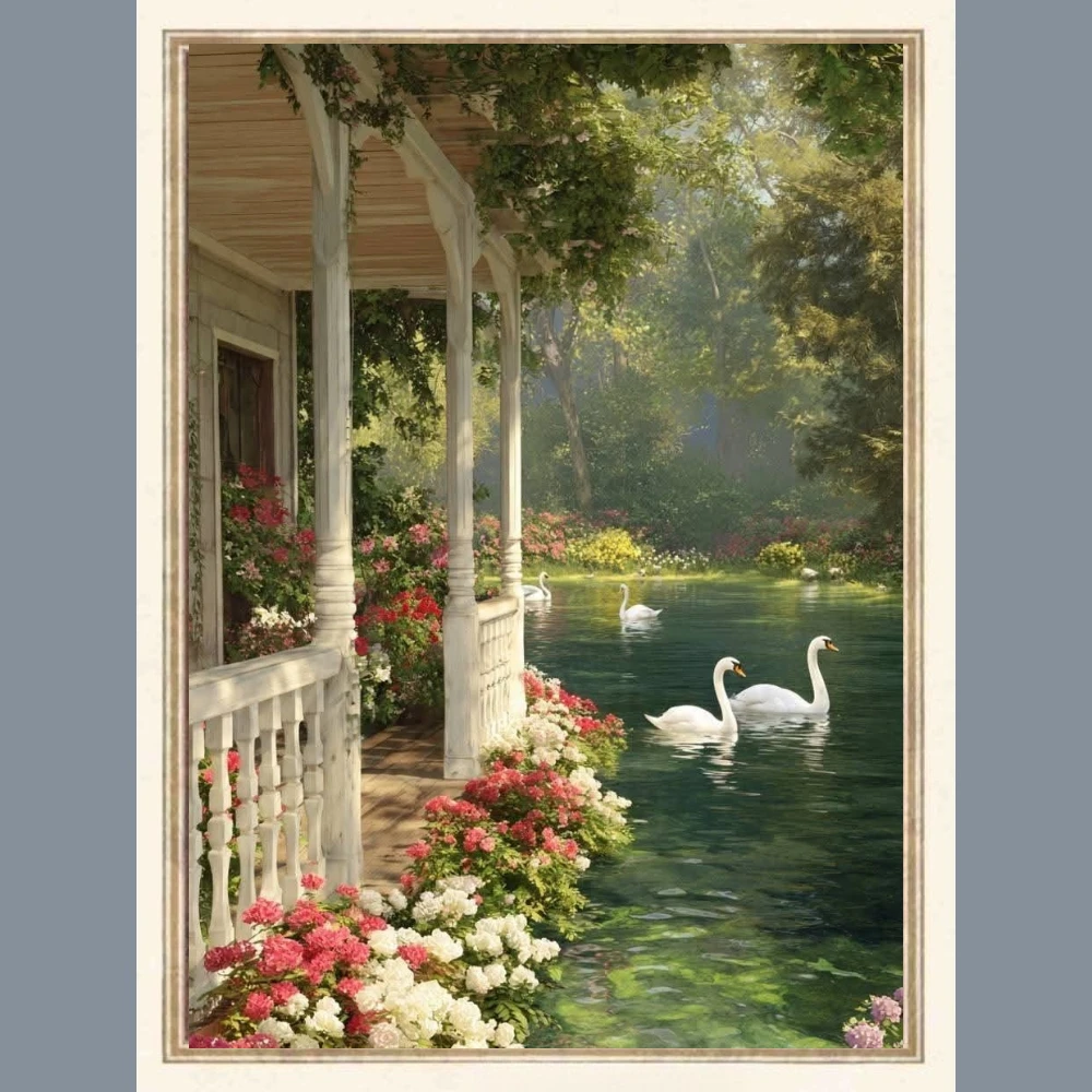 Garden Villa Porch White Swan Lake Floral Mosaic Full Round/Square DIY Diamond Painting Wall Picture Home Decor No Frame