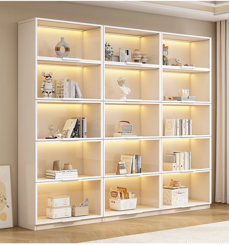 

Комбинированный решетчатый книжный шкаф кремового цвета со стеклянной дверью, пылезащитная книжная полка для гостиной на заказ, фигурная модель, витрина