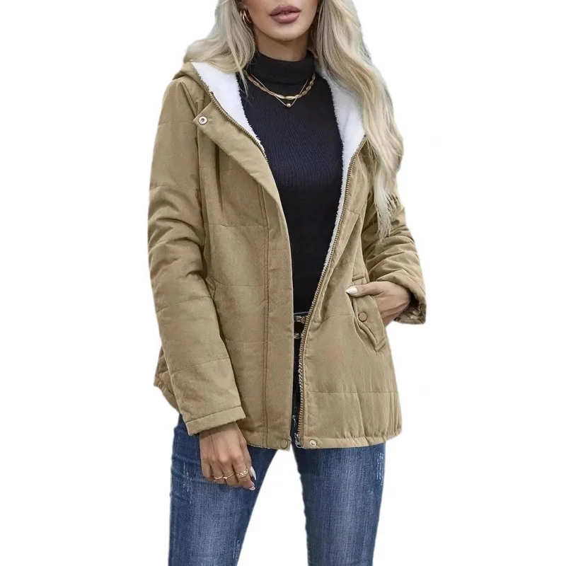 Women Hooded Parkas Coats Fleece Lined Jacket Solid Long Sleevs Zipper Fly Loose Fit Casual Office Lady 2025 Autumn Winter