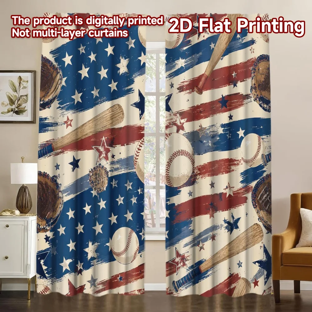 2D FLAT PRINTING 2pcs Curtains (Without Rod) Independence Day Baseball Design Popular Window Curtain Fabric Curtains Gift for