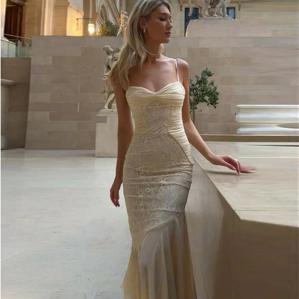 

Sexy Yellow Evening Dress Women Square Collar Spaghetti Strap Sleeveless High Quality Banquet Celebrity Female Gowns Prom Party