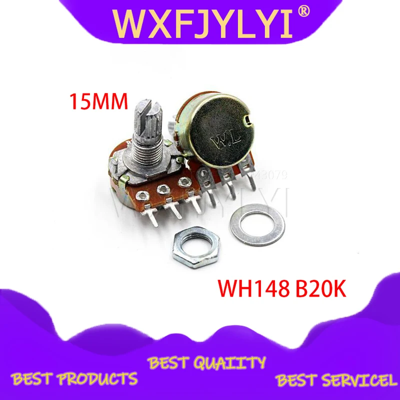 

5PCS 20K ohm WH148 B20K 3pin Linear Potentiometer 15mm Shaft With Nuts And Washers Hot