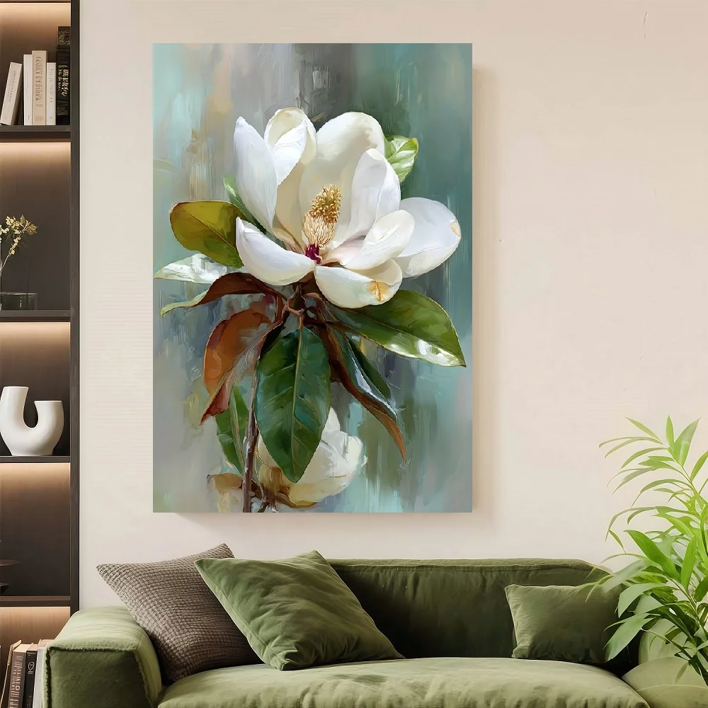 

Framed Flat A Flat Oil of White Magnolia Flowers On, Measuring . It Features Green Leaves And Comes in a Frame, Suitable for Mod