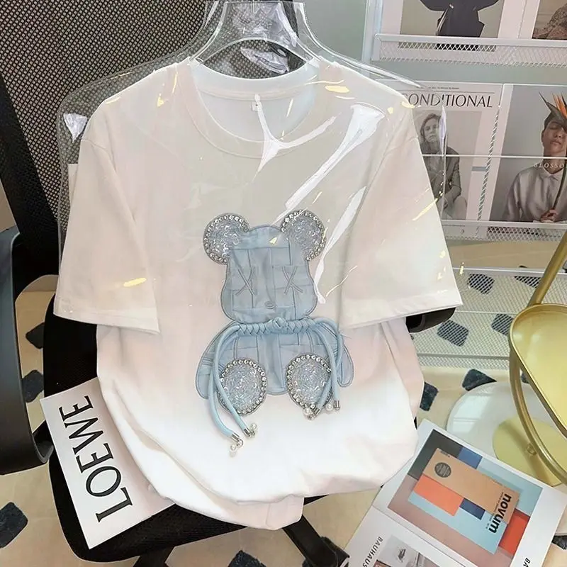 Alta qualidade puro algodão bordado t camisas céu azul cristal urso dos desenhos animados topos verão casual feminino manga curta roupas kawaii