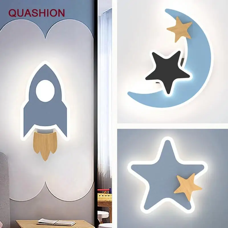 Lámpara LED de pared moderna para niños, iluminación de dormitorio de dibujos animados, candelabros creativos, cohete Moom Star, luz de decoración