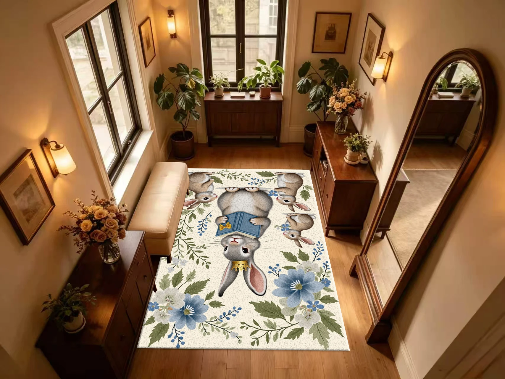 Cute Rabbit Reading Book Floral Carpet Flooring Vintage Animal Botanical Printed Area Rug for Household Interior Decor