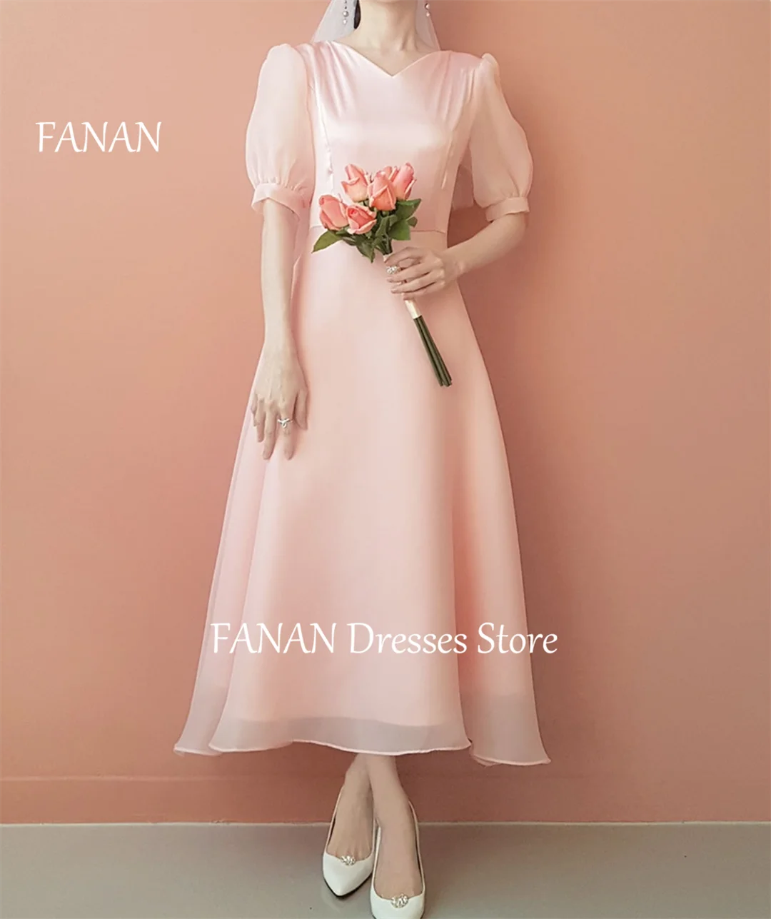 FANAN V-Neck Organza Short Sleeves Simple Evening Party Dresses Vintage Korea Pink Wedding Women Formal Gowns Event Prom Gowns