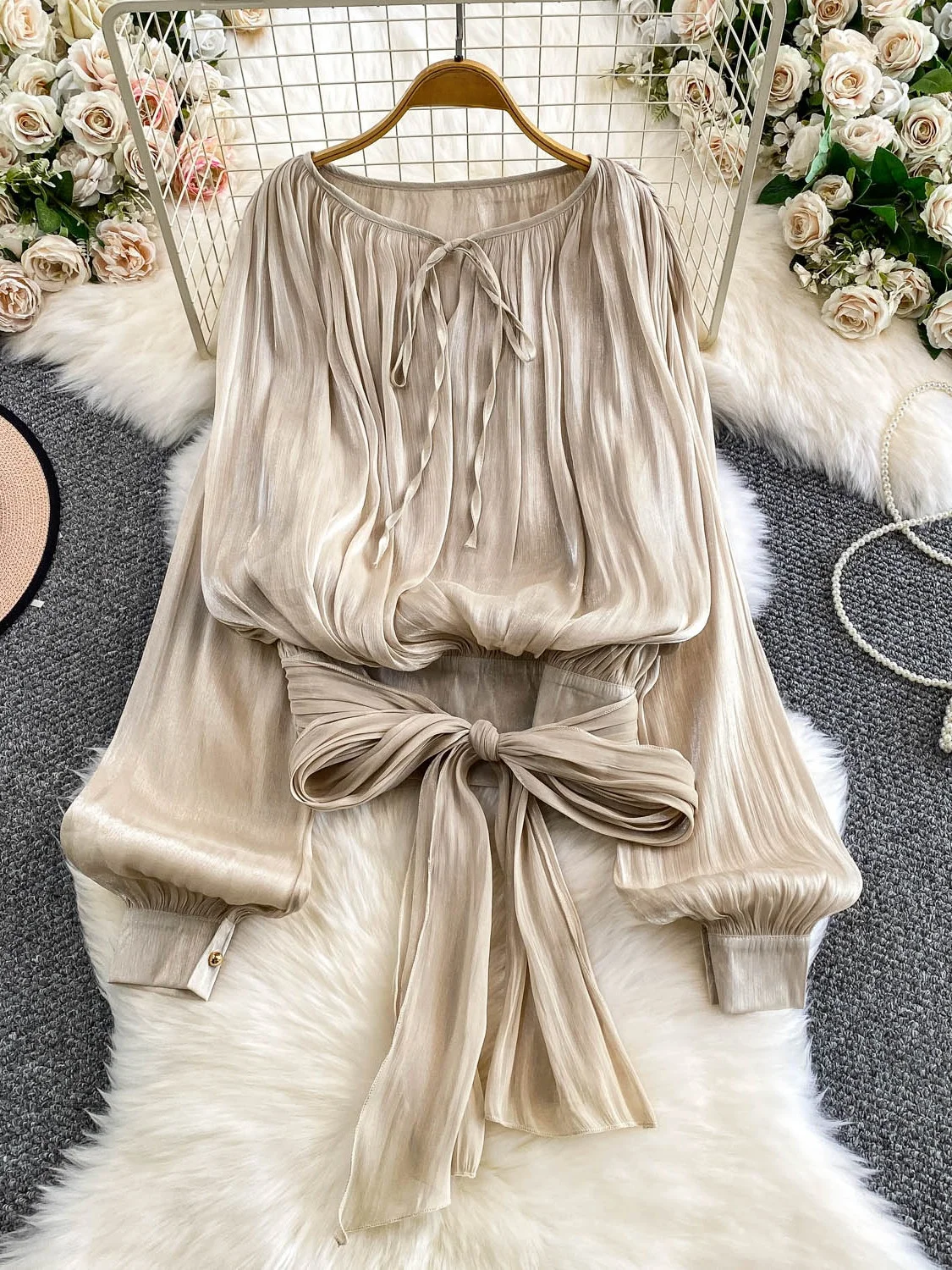 

Ele round Ne Lantern Sve irt Women's Slimming Top Gathered Waist Design Commute Sle Long Sve Casual Wear