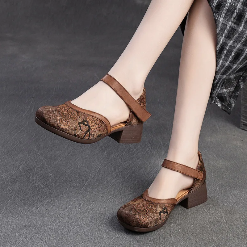 GKTINOO 2024 New Women Sandals Summer Genuine Leather Print Thick Heels Sandals Retro Style Round Toe Casual High Heel Shoes