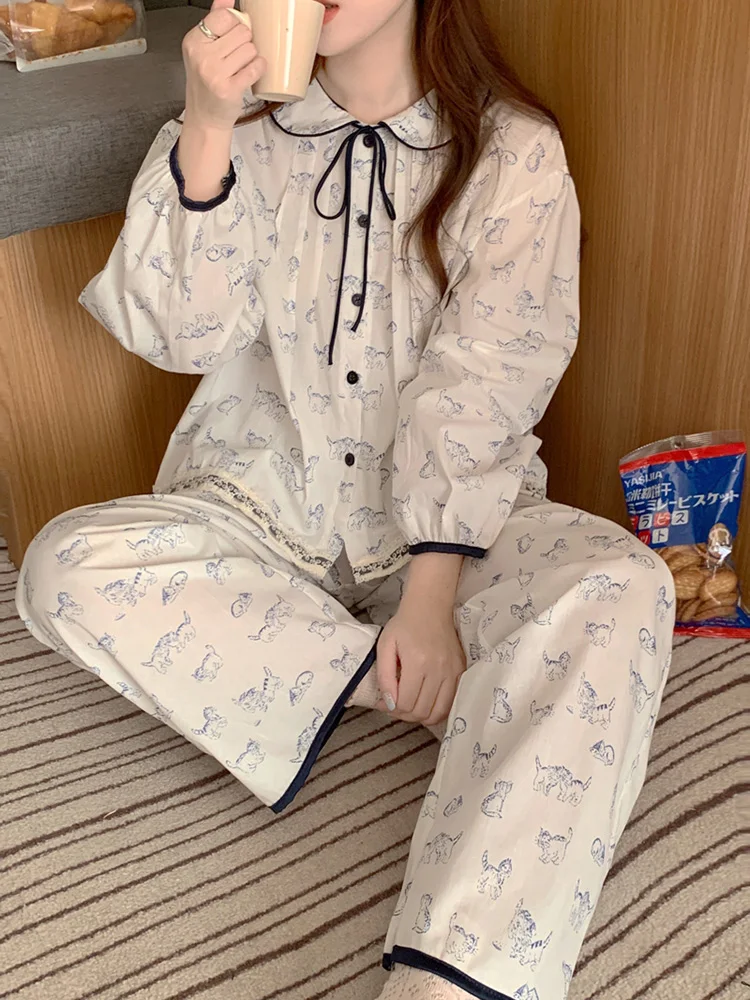 New Cute Print Cartoon Cat Korean Sweet Cardigan Long Sleeve Pajama Set Women Soft Girlish Autumn Loose Casual Lazy Sleepwear