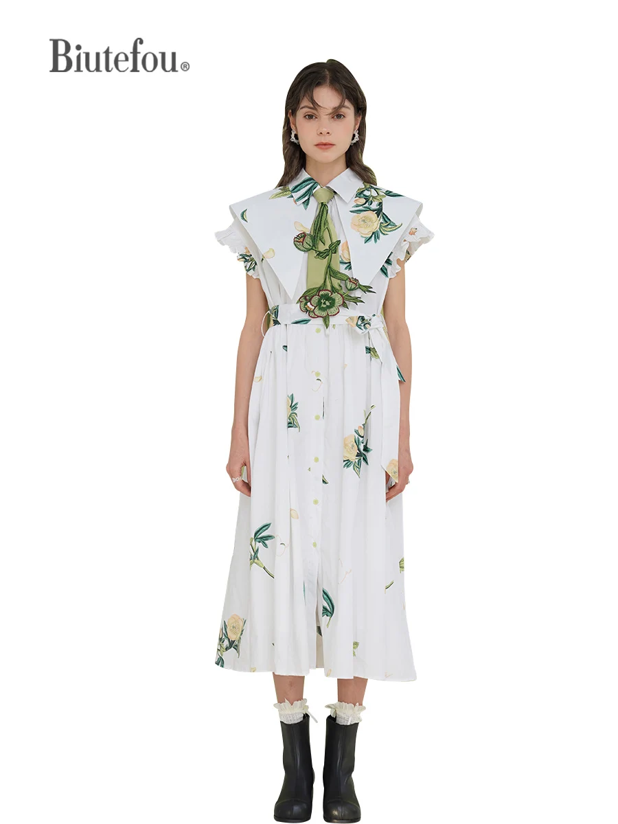 Women's French Romance Plant Flower Dress with Belt, Summer