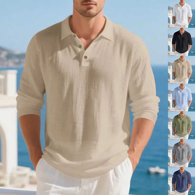

202 Autumn Men's Linenpolo American-style Loose Solid Color Turn-down Collar Casual Business Men's Long Sleeve Shirt POLO Shirt