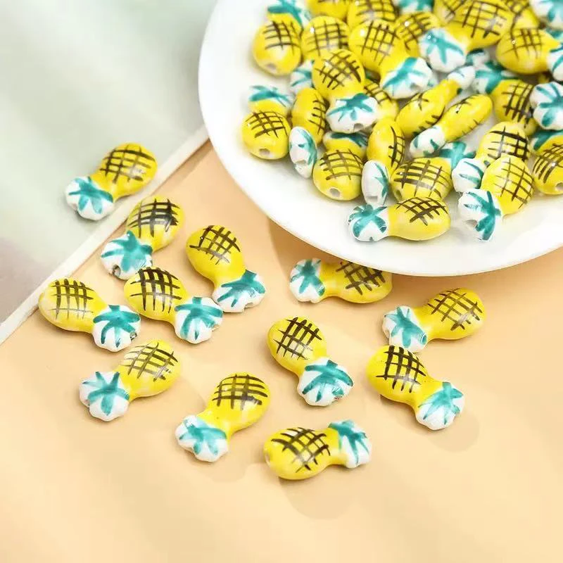5pcs 11x21mm Yellow Pineapple Ceramic Beads Hand-drawn Tropical Fruit Charms for DIY Jewelry Making Bracelet Necklace Gifts