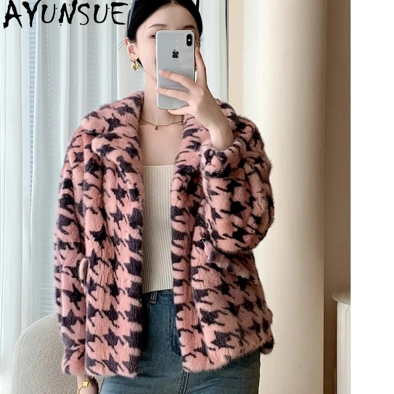 เสื้อแจ็คเก็ตขนมิงค์ธรรมชาติ AYUNSUE 2025 สำหรับผู้หญิง ลายพิมพ์แฟชั่น ขนแท้ เสื้อผ้าผู้หญิง ขนมิงค์แท้คุณภาพสูง Abrigo Mujer
