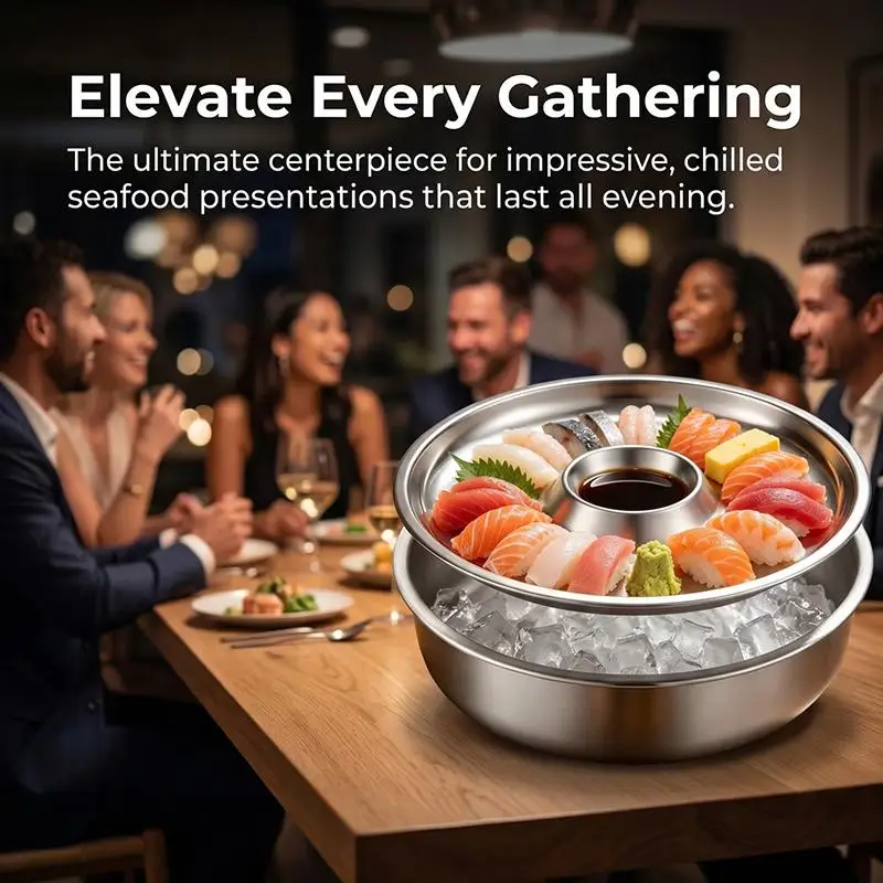 Stainless Steel Sashimi Ice Plate Round with Dipping Dish Odorless Seafood Sushi Serving Tray for Home Weekend Dinner Parties view 4