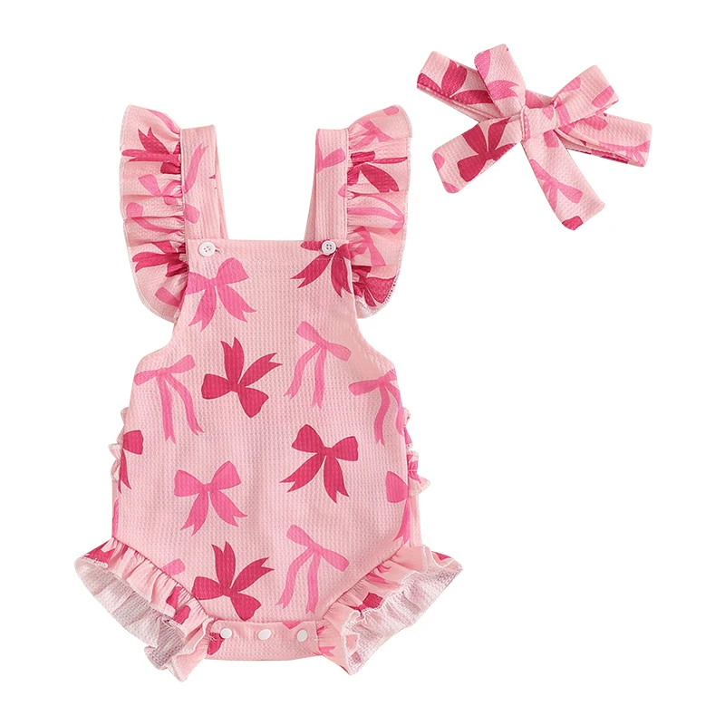

Baby Girls Rompers /Flower/Dinosaur/Bow Print Fly Sleeve Infant Bodysuits Jumpsuits with Headband