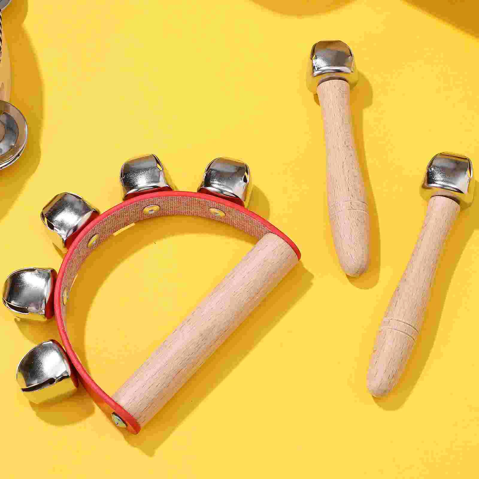 8 Pcs and One Bell Rattle + Red Half-moon Shaped Five-ling Hand Bells Percussion Shaker The Wooden Handle Child