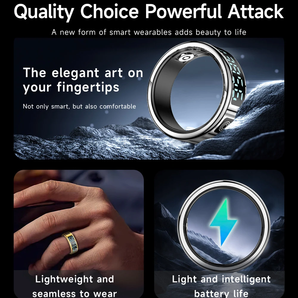 

Smart Ring Men Women LED Display Screen Heart Rate Monitoring Multi Sports Modes 5ATM Waterproof Gesture Swipe Rings Men Lady